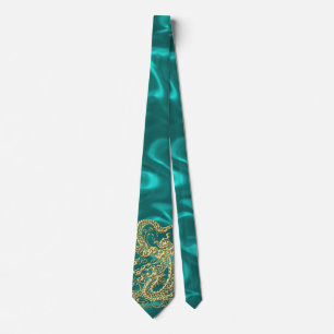 Cravate Dragon d'or incorporé sur impression en satin Turq