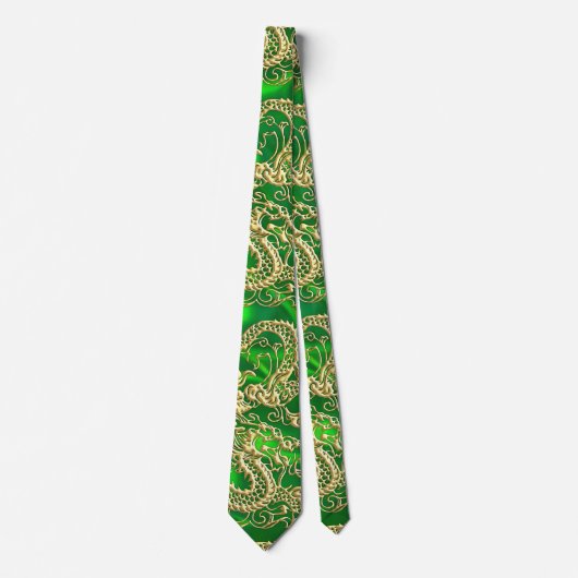 Cravate Dragon en or embouti sur satin vert (Devant)
