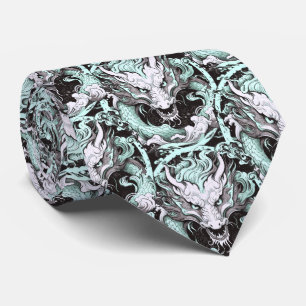 Cravate Dragon médiéval chinois vert mer gris