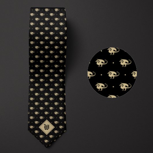 Cravate Dragon noir et or en profil avec Monogramme