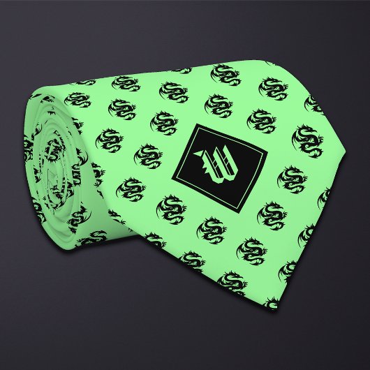 Cravate Dragon vert à la menthe monogramme