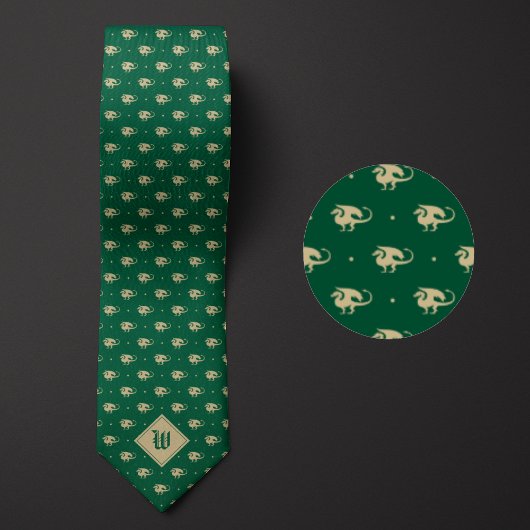 Cravate Dragon vert et or en profil avec Monogramme