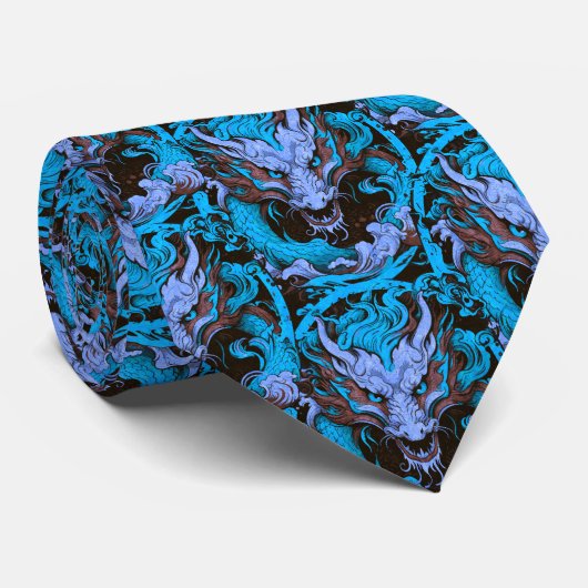 Cravate Dragons d'Asie bleue et Brown (Roulé)