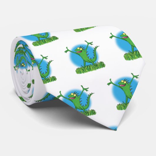 Cravate Drôle vert souriant animé lézard d'iguane (Roulé)