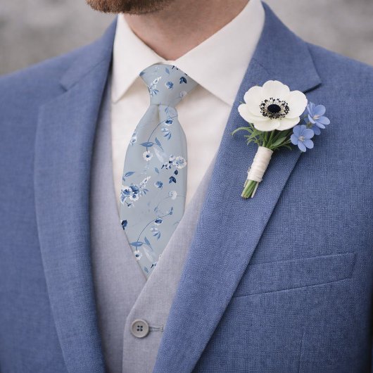Cravate Dusty Blue Floral Pattern Wedding Tie