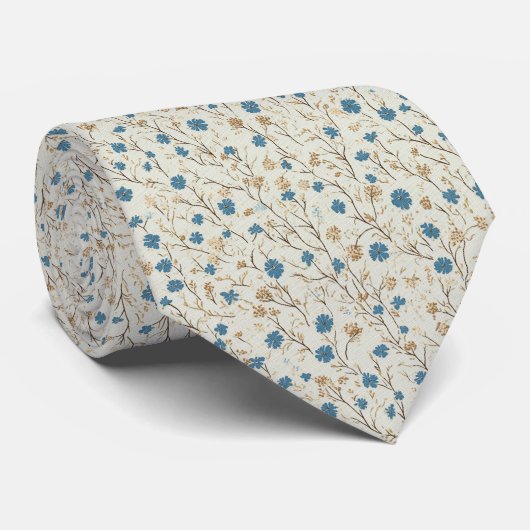 Cravate Dusty Blue & Gold Rustic Fleur sauvage Mariage (Roulé)