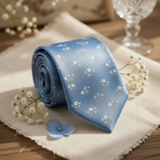 Cravate Dusty Blue Micro Floral Wedding Pattern
