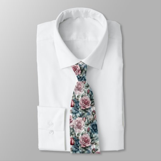 Cravate Dusty Pink and Blue Rose Pattern (Attaché)