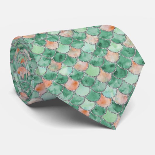 Cravate Écailles de sirène rose et argent vert (Roulé)