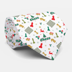 Cravate Échecs de Noël - Pièces, Arbre, Houx, Renne