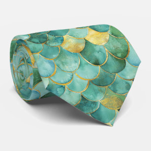 Cravate Échelle de sirène Aqua Or Motif Aquarelle