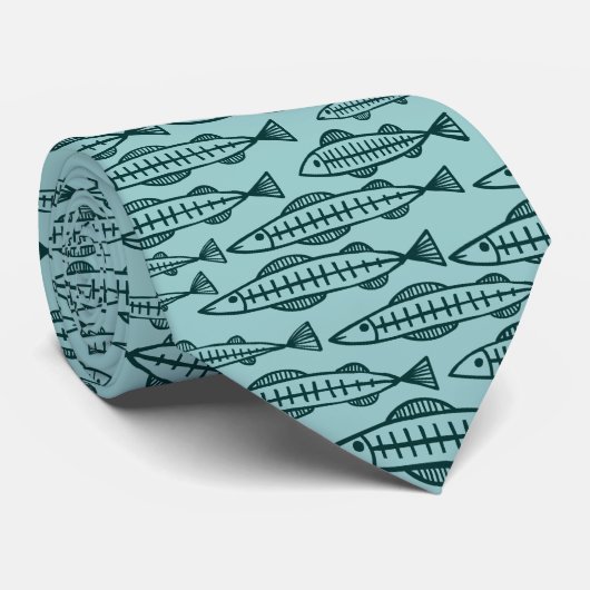 Cravate École de poisson - Vert foncé sur Vert bleu clair (Roulé)