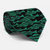 Cravate École de poisson - Vert mer sur noir (Roulé)
