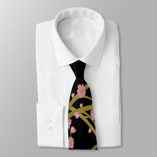 Cravate Écran Japonais Rose Sakura Or Noir (Attaché)