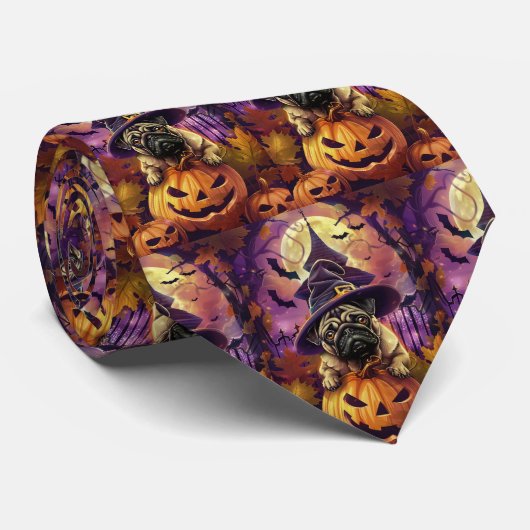 Cravate Éffrayant Carlin Chien Halloween Sorcière Et Citro (Roulé)