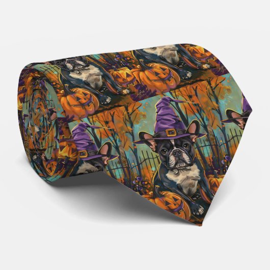Cravate Éffrayant Français Bulldog Halloween sorcière et C (Roulé)