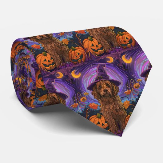 Cravate Éffrayant Goldendoodle Chien Halloween Citrouille  (Roulé)