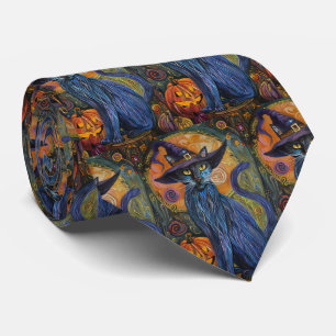 Cravate Éffrayant Russe Bleu Chat Halloween Citrouille sor