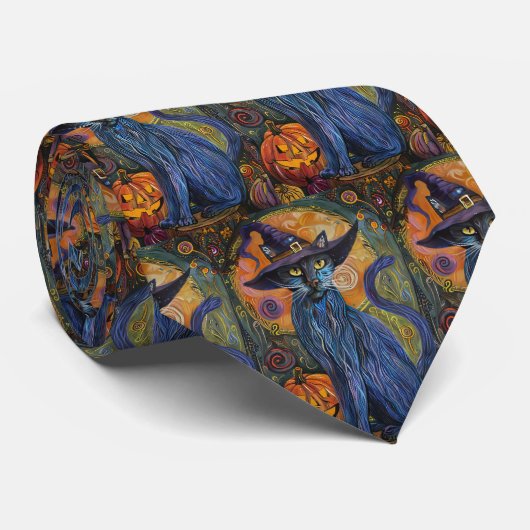 Cravate Éffrayant Russe Bleu Chat Halloween Citrouille sor (Roulé)