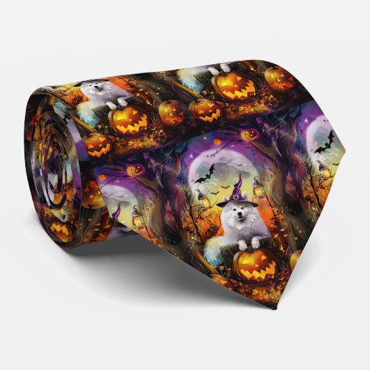 Cravate Éffrayant Samoyed Chien Halloween sorcière et Citr (Roulé)