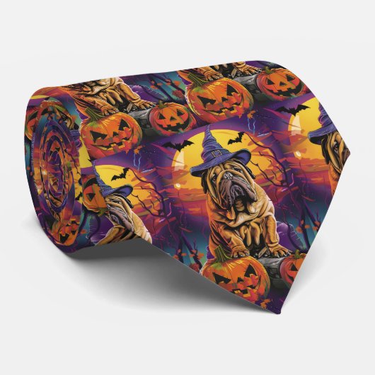 Cravate Éffrayant Shar Pei Chien Halloween sorcière et Cit (Roulé)