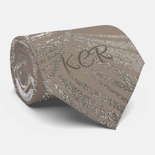 Cravate Elégant Argent Gris Palm Leaf Motif Initiales (Roulé)