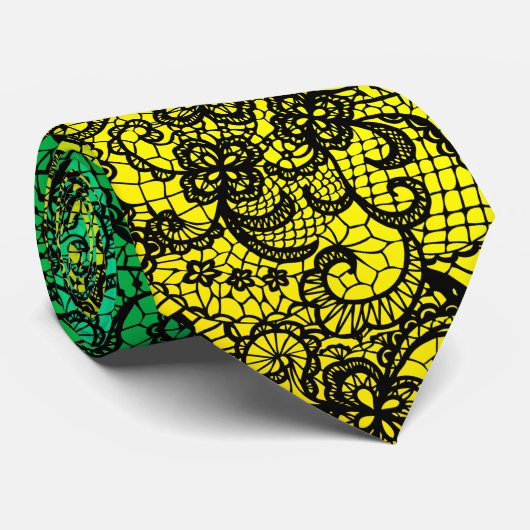 Cravate Elegant Black Lace On Gradient Green and Gold (Roulé)