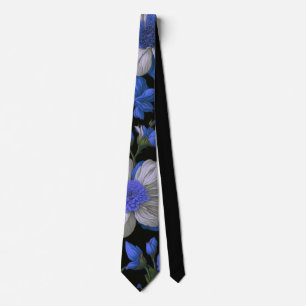 Cravate Elégant bleu argenté blanc élégant floral rétro