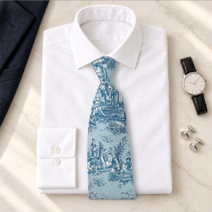 Cravate Élégant bleu gris toile de Jouy imprimé vintage