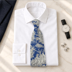 Cravate Élégant bleu gris toile de Jouy imprimé vintage