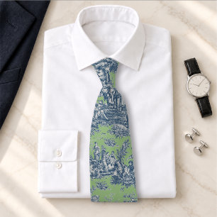 Cravate Élégant Bleu Vert Toile De Jouy Vintage