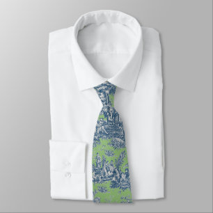 Cravate Élégant bleu vintage bleu vert toile de jouy impri