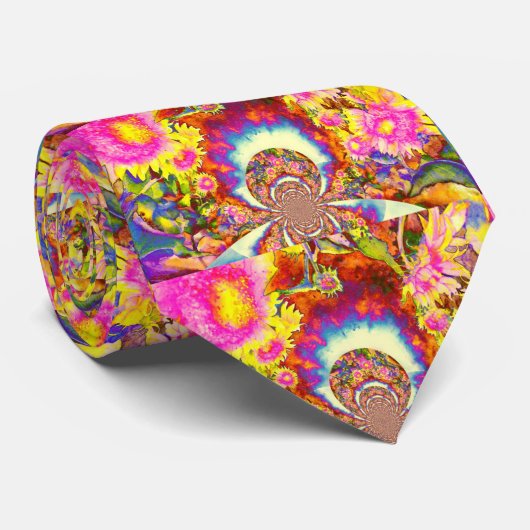 Cravate Élégant boho rétro tournesol fleurs rose jaune (Roulé)