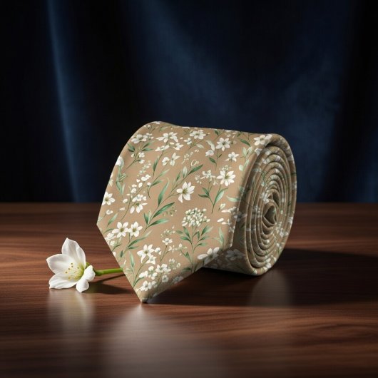 Cravate Élégant Botanique Beige