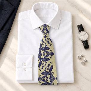 Cravate Élégant damas vintage bleu marine jaune monogramme