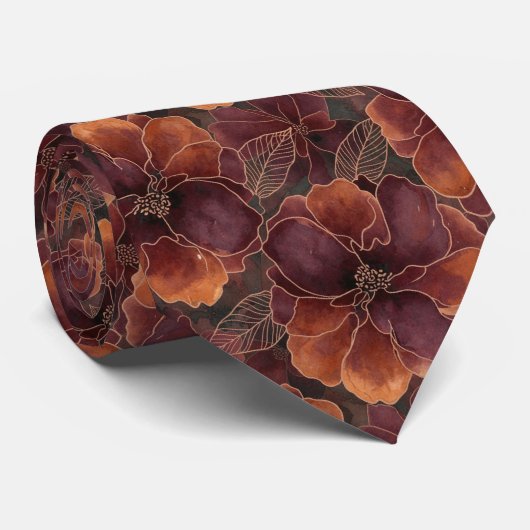 Cravate Elegant Deep Burgundy and Copper Abstract Floral (Roulé)