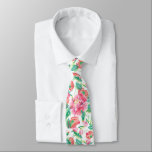 Cravate Élégant Fille Lumineuse Motif Fleurs Roses<br><div class="desc">Élégante fleurs rose vif et motif sans couture de feuilles vertes. Beau design avec un arrière - plan blanc changeant.</div>