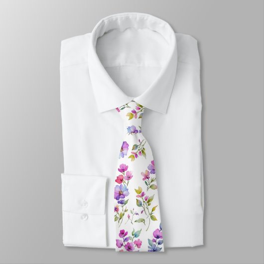 Cravate Élégant fleurs sauvages d'aquarelle rose violet (Attaché)