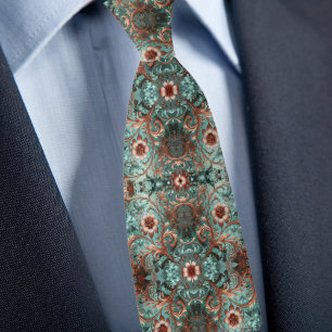 Cravate Élégant floral formal en cuivre et turquoise