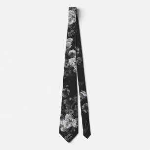 Cravate Élégant Floral Noir Gris Foncé Vintage