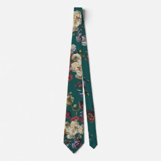 Cravate Élégant Floral Vintage Sombre Foncé sur Turquoise