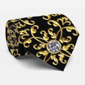 Cravate Élégant Formel Noir Or et Diamant (Roulé)
