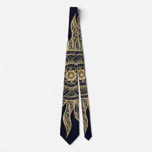 Cravate Elégant Gold Sun Mandala Blue Nebula Design
