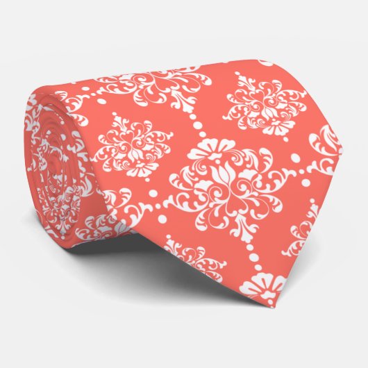 Cravate Élégant Groomsmen Damask Pattern Coral Mariage (Roulé)