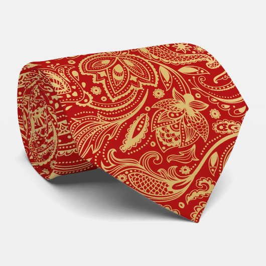 Cravate Elégant Lumière Or & Rouge Vintage Paisley (Roulé)