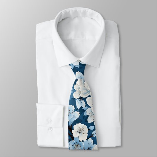 Cravate Elégant Mariage bleu blanc fleur travail (Attaché)