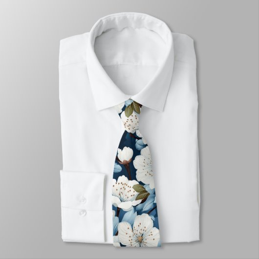 Cravate Elégant Mariage bleu blanc fleur travail (Attaché)