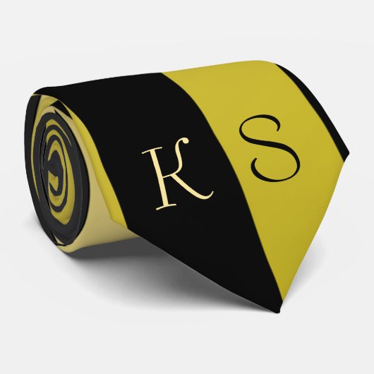 Cravate Élégant Monogramme Black and Gold Stripe Hommes (Roulé)