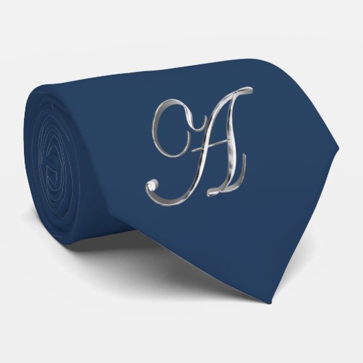 Cravate Élégant Monogramme bleu et gris argenté A (Roulé)