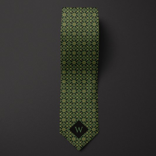 Cravate Élégant Monogramme vert et noir arabesque